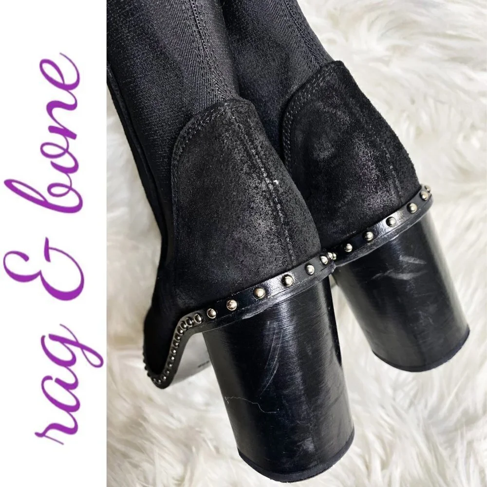 RAG & BONE‎ Romi Black Suede Chelsea Silver Stud Block Heel Bootie, Size 36